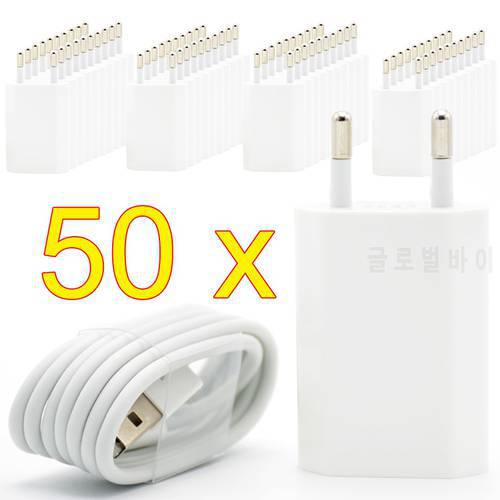 50PCS/Lot EU Plug Wall USB Charger For iPhone 8 Pin Charging Cable + Charger Adapter For Apple iPhone 6 7 Plus 5S 5 White Color