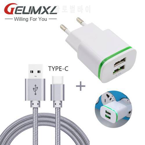 GEUMXL Dual USB EU Plug Home Travel Charger Adapter + 3F USB Type C Cable for Micromax Dual 5 Charging Data USB-C Elephone P9000