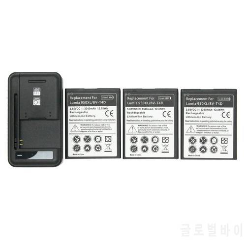 3x 3340mAh BV-T4D / BVT4D Replacement Battery + Universal Wall Charger For Microsoft Nokia Lumia 950 XL 940 XL RM-1118 RM-1116