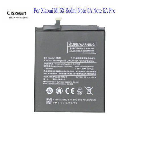 Ciszean 1x BN31 BN-31 3080mAh Battery Replacement Battery For Xiaomi Mi 5X Mi5X / Redmi Note 5A 5A pro / Mi A1 / Redmi Y1 Lite