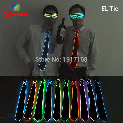 2021Blinking10 Color Choice Sound active EL wire Neck tie Flashing LED Necktie Powered by AA battery For Dance Party Decoration