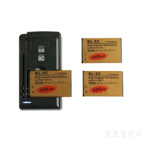 3x 2450mAh BL-5C BL5C BL 5C Gold Replacement Battery + Universal Charger For Nokia 2300 2310 2355 2600 2610 2626 2700C 2710c ect