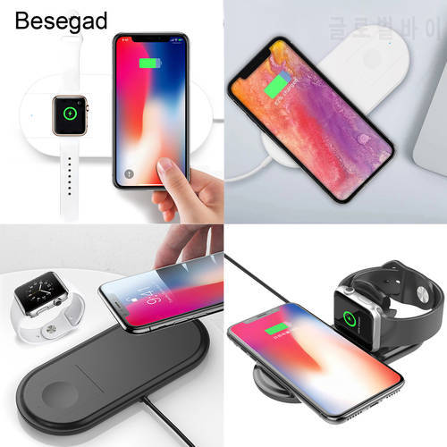 Besegad 2 in 1 Fast Wireless Charging Pad Stand Station Holder Dock for Apple Watch iPhone 8 X 7 6S Plus Samsung Galaxy S8 Plus