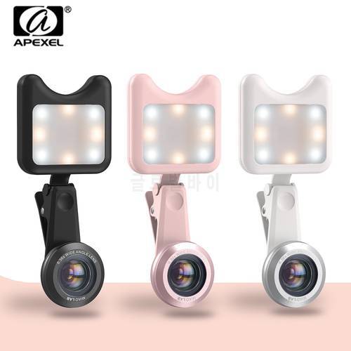 APEXEL LED Selfie Light Fill-in light +0.36X Wide Angle Lens + 15X Macro Lens Kit For iPhone Samsung phones