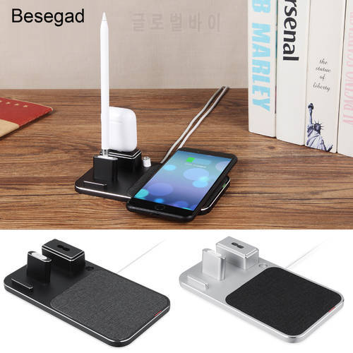 Besegad 4 in1 10W Fast Wireless Charger Stand Charging Dock for Apple Pencil AirPods IPAD iPhone 7 8 plus X XR XS MAX Gadgets