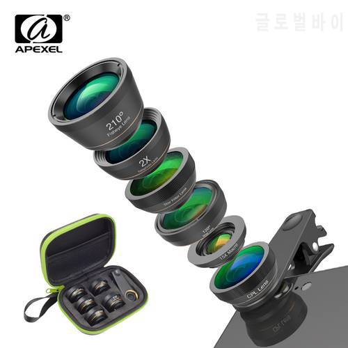APEXEL 6 in 1 Phone Camera Lens Fish Eye Lens Wide Angle macro Lens cpl Filter 2X tele for iPhone huawei all phones dropshipping