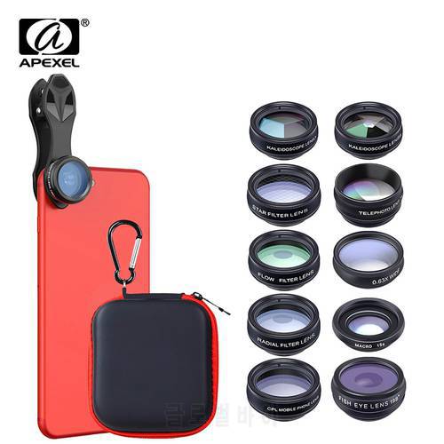 APEXEL 10 Pcs 10IN1 Phone Camera Lens Kit Fisheye Wide Angle Macro 2X Telescope For iPhone HUAWEI Samsung Support Dropshipping