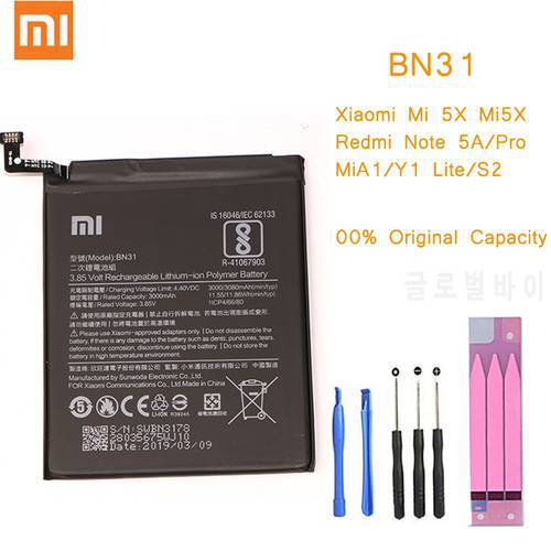 Original Phone Battery for Redmi Note 5A Prime S2 Battery Xiaomi Mi 5X A1 Mi5X BN31 Replacement bateria 5A Pro/prime Y1 MiA1 S2