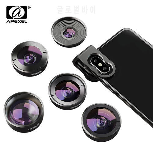 APEXEL 5 in 1 Phone Camera Lens HD Wide Angle Macro Lens Fisheye Telescope Lens For iPhone X XS Max Samsung s9 plus Smartphones