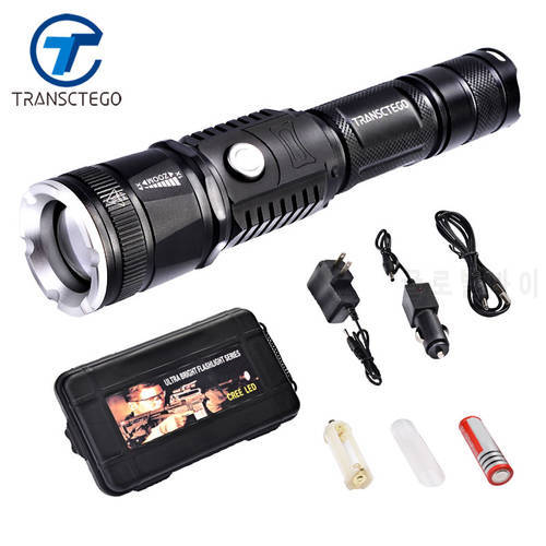 TRANSCTEGO led flashlight T6 lanterna powerful 18650 rechargeable battery hunting riding militaire USB torch Power Bank Flash La