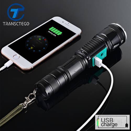 TRANSCTEGO Flashlight 18650 Rechargeable Tactical Waterproof T6 Long Range LED Flashlights Riding Hunting Torch USB Power Bank