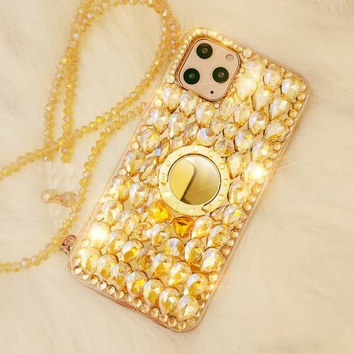 Gold Crystal Strap Phone Ring Diamond Rhinestone Case For iPhone 14 12 13 SE 2022 11 Pro MAX X XR XS 7 8 Plus Case Glitter Bling