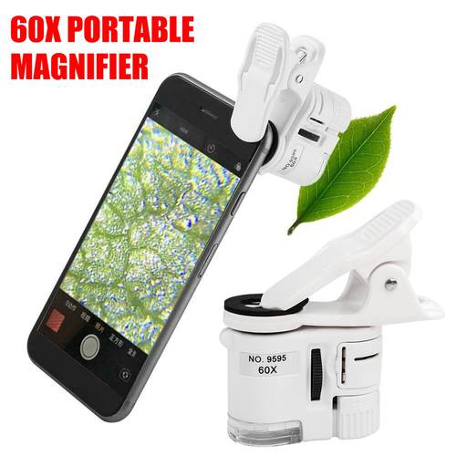 2021new 60X Portable Clip Magnifier Loupe UV Microscope Universal Mobile Phone with Mini LED with Cell Phone Clip UV Light