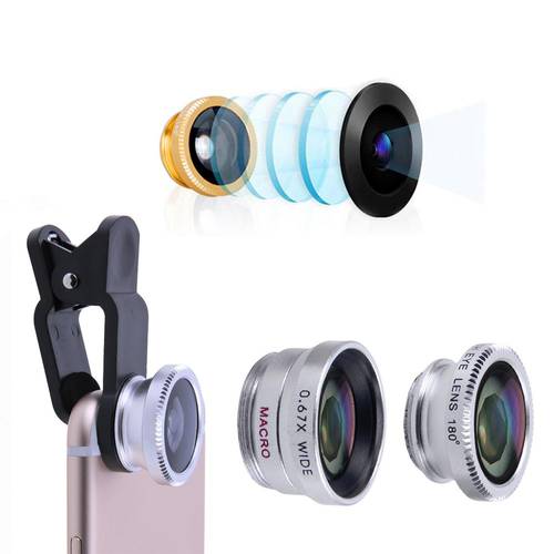 3-in-1 Universal Mobile Phone Lens Fish Eye+Wide Angle+Macro Camera Lens Clip Lens Kit Cellphone Mobile Phone Camera Cover