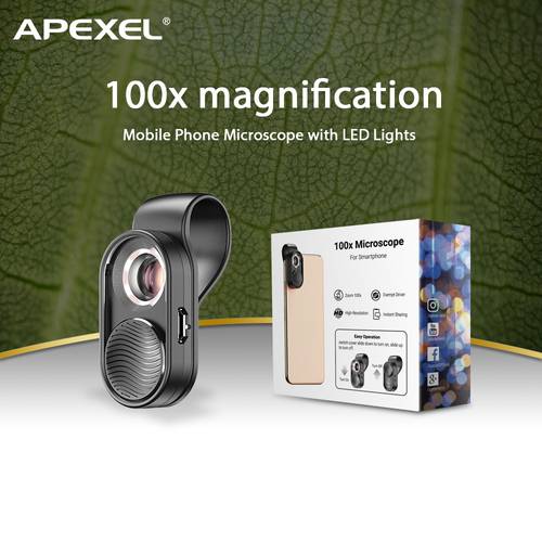 APEXEL 100X Mobile Phone Microscope Micro Lens LED Light Pocket Mini Magnifying Glass Microscopes With Universal Clip For phones