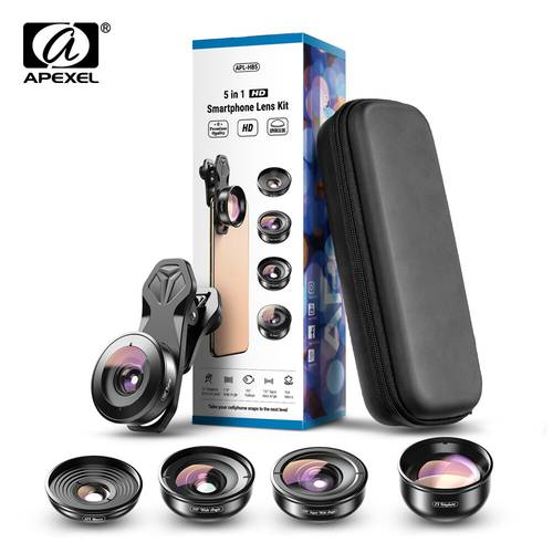 APEXEL 4K Lens Kit 5 in 1 Camera Portrait Wide Macro Lens Super Fisheye Lens CPL Filter for Mobile iPhone Samsung all cellphones