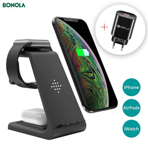 Qi 3 in1 T3 Wireless Charger Station for iPhone11/XR/Xs/AirPods3/iWatch5 Fast Wireless Charging Stand For Samsung S10/Watch/Buds