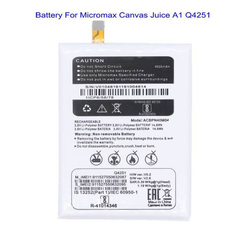 1x 4000mAh/14.8Wh ACBPN40M04 Phone Replacement Battery For Micromax Canvas Juice A1 Q4251 Batterie Bateria Batterij