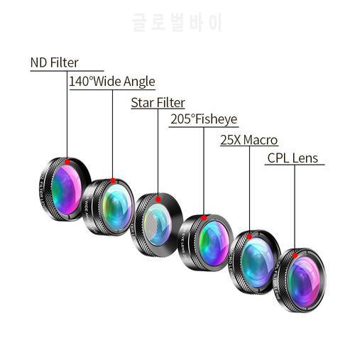 APEXEL 10PCS/LOT 6 in 1 Phone Camera Lens Wide Angle macro Lens Fish Eye Lens CPL/Star Filter 2X tele for almost all mobilephone