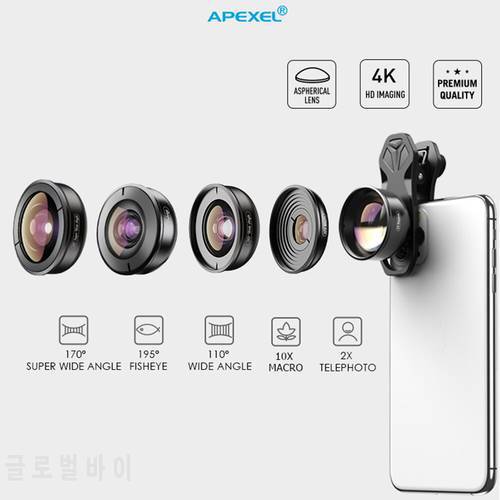 APEXEL HD 4K 5in1 Phone Lens Kit Photography Macro Lens 110 170 Degree Super Wide Angle 2X Telephoto Lens With CPL Star Filters