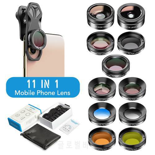 Apexel 11 in 1 Phone Camera Lens Kits Wide Angle Adjustable Telephoto Phone Lens Cellphone Lens Set