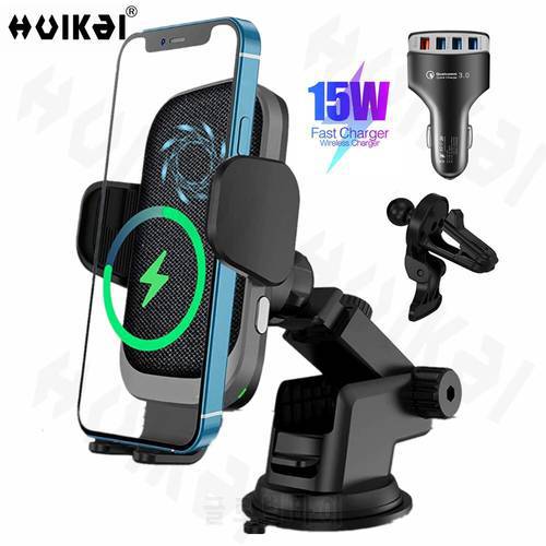 Wireless Car Charger 15W Qi Fast Charging Auto Clamping Car Mount Built-in Cooling Fan Air Vent for iPhone 12 Pro Max 11 Samsung