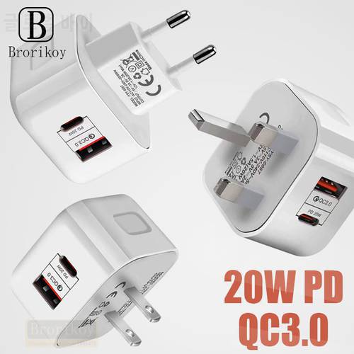 EU US UK Plug 20W Fast Charging Mobile Phone Charger Quick Charge QC 3.0 With PD Adapter Wall USB Charger For IPhone 12 Samsung
