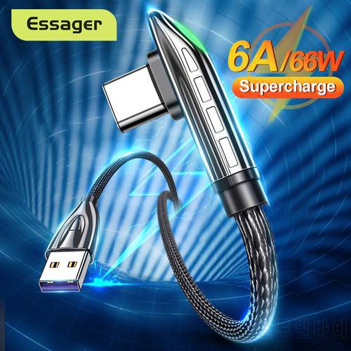 Essager 6A 66W USB Type C Cable For Huawei Mate 40 Pro Samsung LED 5A Fast Charging USB-C USBC Charger 90 Degree Cable Data Cord
