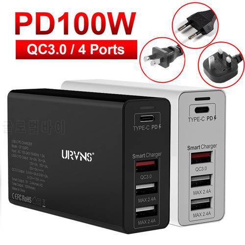 URVNS 100W 4-Port USB C Power Adapter PD 100W/87W/65W/45W/30W/18W Type C Fast Charger for Macbook Pro 13/15/16 iPhone 8 11 XS XR