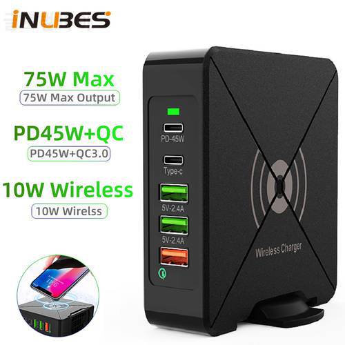 75W PD USB Charger Dock Station Type C Wireless Charger for iPhone 12 Fast Charger QC 3.0 Quick Wall Chargers 5 Port Desktop Hub