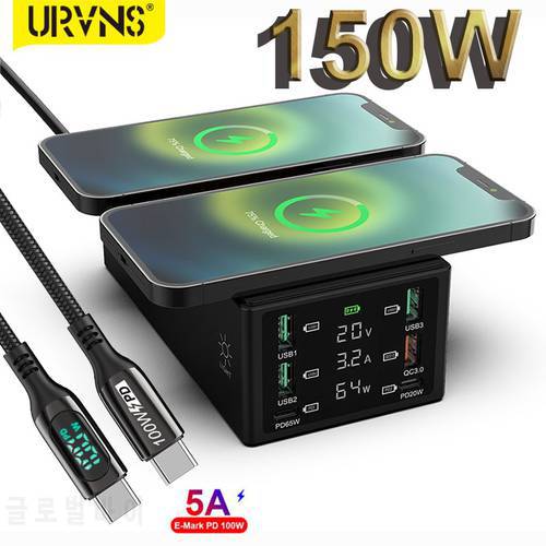 URVNS Multiport 150W 6Port USB Fast Charging Station With Quick Charge 3.0 QC3.0 PD Speed Charger And Dual 15W Wireless Charging