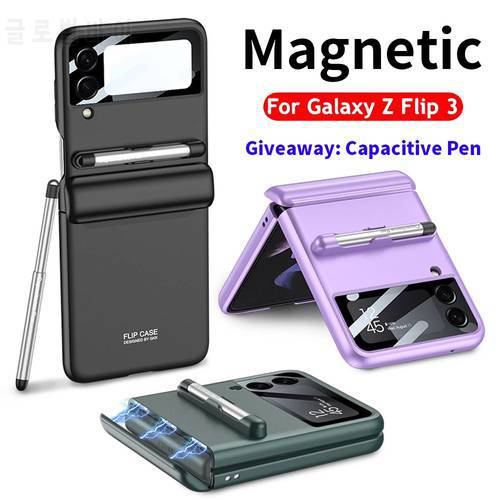 for Samsung Galaxy Z Flip 3 5G Case Magnetic With Pen ZFlip 3 Z Flip3 Camera Glass Protection Cover for Galaxy Z Flip 3 Cases