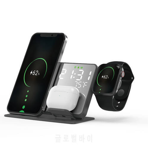 3 in 1 Wireless Charger for iPhone 14 13 12 Pro Max 11 XS XR 15W Fast Charging Dock Station Desktop LED Digital Alarm Clock
