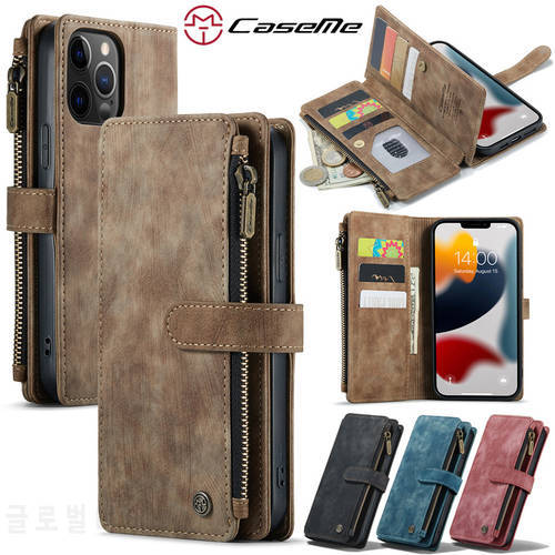 CaseMe Flip Leather Phone Case For iPhone 13 Pro Max 14 Plus 12 11 XS X XR SE 2022 8 7 6 6S Zipper Wallet Card Cover Coque Etui