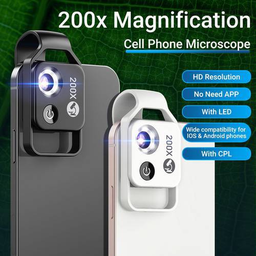 HD Powerful 200x Microscope Zoom Lens LED Mini Micro Macro Pocket Lens with CPL for iPhone Samsung and All Smartphones