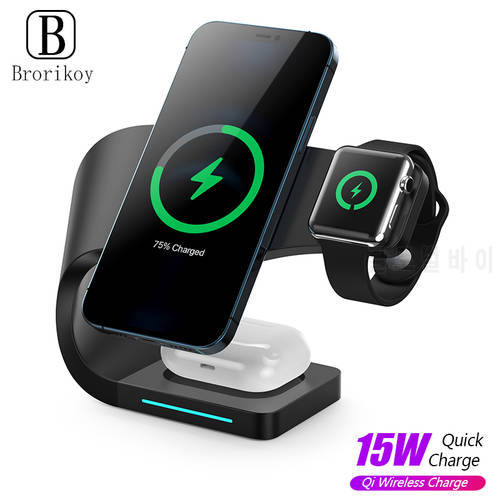 15W 3 in 1 Magnetic Quick Wireless Charger Stand for iPhone 12 13 14 Pro Max Fast Wireless Charging Stand Dock For iPhone 12Mini