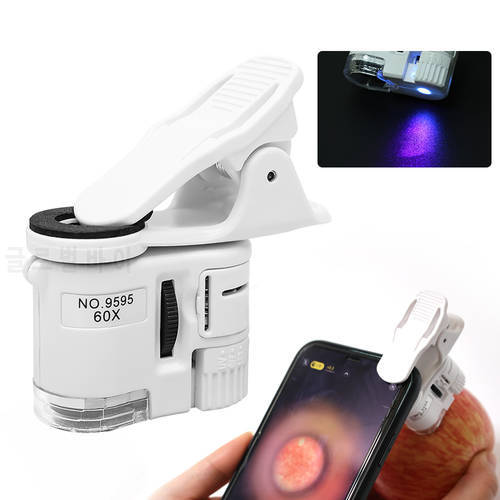 Universal Clip Microscope 60X LED Jewelry Magnifying Glass Focusing Adjusted Microscope with Cell Phone Clip Microscope Tool