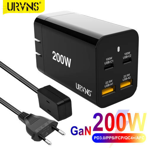 URVNS 200W GaN USB C Wall Charger Power Adapter,4 Port PD 100W PPS 45W QC4 SCP for Laptops MacBook iPhone 13 Samsung Xiaomi Dell