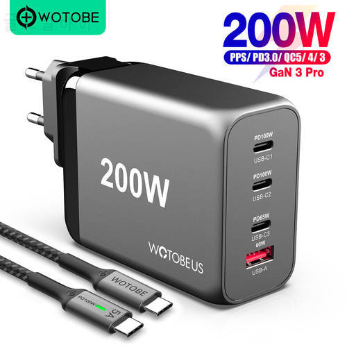 200W GaN 3 Pro USB-C Fast Charger, WOTOBEUS 4-port PD100W PPS 65W 45W QC5 for iPhone 13 MacBook Samsung HP Dell Lenovo Laptops
