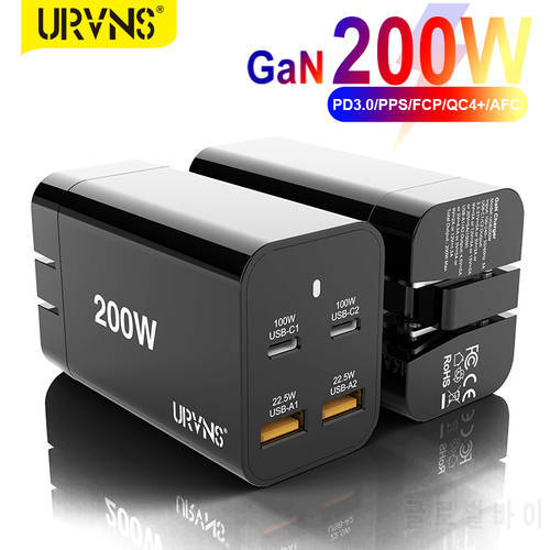 URVNS GaN 200W USB C Wall Charger 4-port PD 100W 65W PPS45W QC5 Super Fast Charging Adapter for MacBook iPhone 14 13 Samsung S21