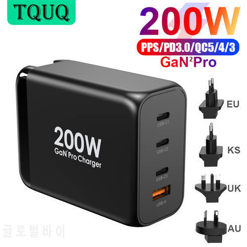 TQUQ 4-Port 200W USB C Wall Charger, 100W 65W PD 3.0 PPS GaN II Type C Charging Station Power Adapter for MacBook iPhone Samsung