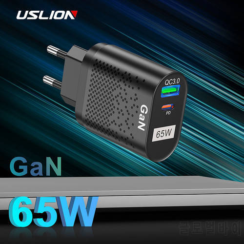 USLION 65W PD USB GaN Charger For MacBook QC 3.0 Fast Charge Type C Wall Charging For iPhone 13 Pro Max Samsung S21 ultra S20