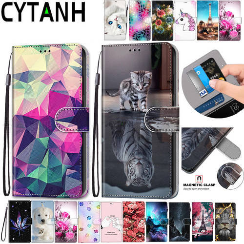 Flip Leather Case For Huawei Y3 Y5 Y6 2017 Y6 Prime Y7 2018 Y9 2019 Wallet Card Stand Book Cover Flower Lion Painted Coque