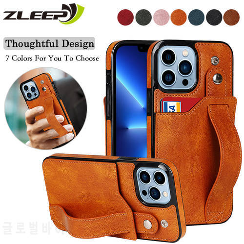 Business Leather Case For iPhone 14 13 12 11 Mini Pro Max XS XR X 6 6s 7 8 Plus SE 2020 2022 Cards Wallet Wristband Phone Cover