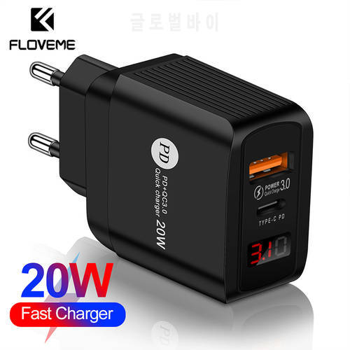 FLOVEME USB Charger Quick Charge 3.0 PD 20W Type C Fast Charging EU US UK Plug Wall Charger Adapter LED Display Phone Charger