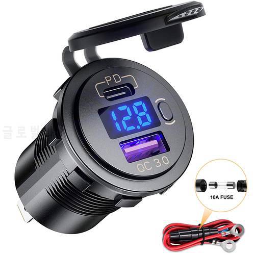 60W PD Type C/QC 3.0 USB Charger with button Switch LED Voltmeter Power Outlet Fast Charging for 12V 24V Car Truck Motorcycle RV