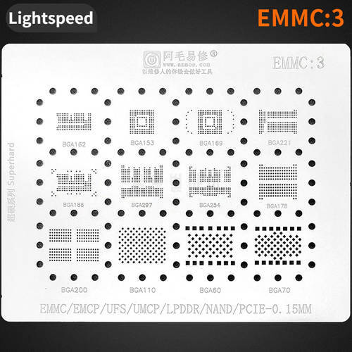 Amaoe EMMC3 BGA Reballing Stencil for EMMC EMCP UFS UMCP LPDDR NAND PCIE 0.15mm CPU Tin Planting Net Phone Repair Tools