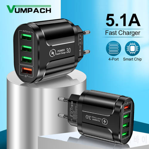 Vumpach 48W USB Charger Fast Charge QC 3.0 Wall Charging For iPhone 12 11 Samsung Xiaomi Mobile 4 Port EU US Plug Adapter Travel
