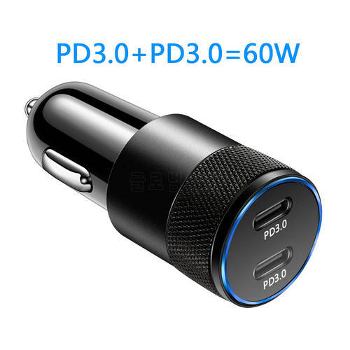 60W USB C Fast Car Charger 2 Ports Car Charger Adapter Dual Type C PD for IPhone12 11 Pro Max Samsung Galaxy Note20 Android
