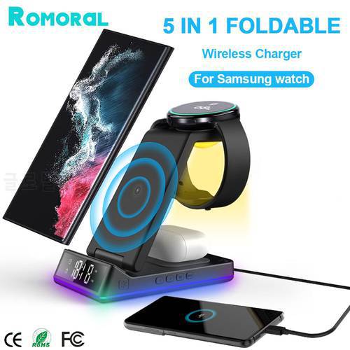 Foldable Wireless Charger Stand RGB Dock LED Clock 15W Fast Charging Station for Samsung Galaxy Watch 5/4 S22 S21 iPhone 14 Pro